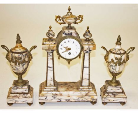 A FRENCH THREE-PIECE WHITE VARIEGATED MARBLE AND BRASS-MOUNTED MANTEL CLOCK GARNITURE,  the portico clock by Japy Freres, wit