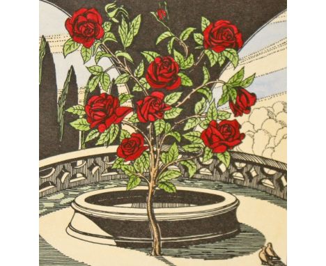 A CUALA PRESS HAND COLOURED PRINT,  The Rose Tree, after a drawing by Harry Kernoff R.H.A., 6'' (15cm)sq. (1)