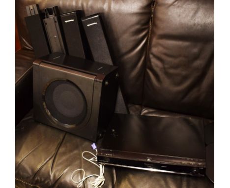 A PANASONIC SOUND SYSTEM, containing two upright speakers, a sub woofer speaker and cd player. (1) 