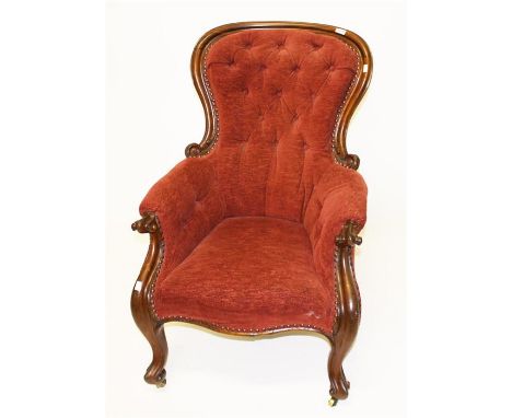 AN ATTRACTIVE VICTORIAN MAHOGANY BALLOON BACK ARMCHAIR, the moulded frame around a button back and serpentine fronted seat, t