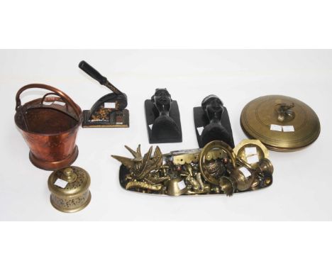 A COLLECTION OF MISCELLANEOUS BRASS ORNAMENTS,  mainly birds and dogs; a small brass nutcracker; a brass iron stand; a brass 