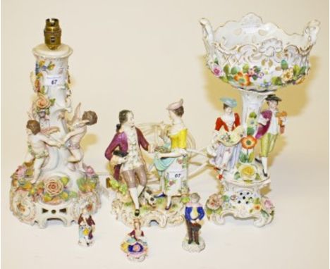 A SITZENDORF PORCELAIN GROUP, modelled with elegant lady with basket of flowers and a gentleman seated with dog, on a Rococo 