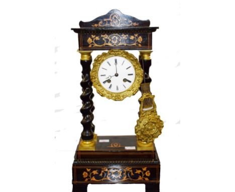 AN ATTRACTIVE INLAID AND EBONIZED FRENCH PORTICO MANTEL CLOCK,  the circular enamel dial with Roman numerals, and an outside 