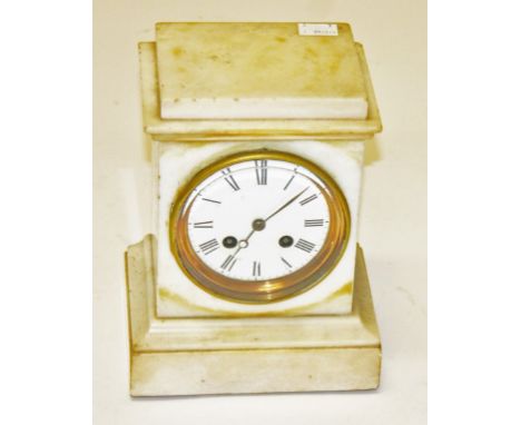 A SMALL WHITE MARBLE MANTEL CLOCK,  with white circular enamel dial with Roman numerals, striking on a steel bell, on rectang