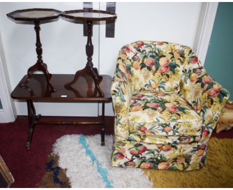 A MODERN LYRE END COFFEE TABLE; two modern tripod wine tables; and a modern beech tub chair. (4)