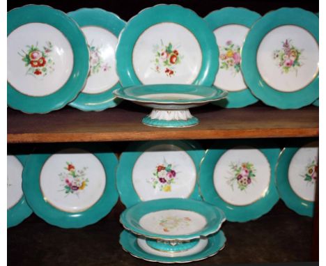 A FIFTEEN PIECE PART FLORAL DECORATED PORCELAIN DESSERT SERVICE,  with 9'' (22cm) plates, and two comports, each with a turqu