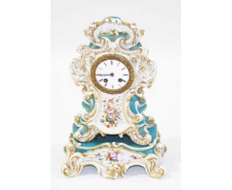 AN ATTRACTIVE FRENCH PORCELAIN MANTEL CLOCK,  in the Rococo style, probably by Jacob Petite, decorated in celeste blue and wh