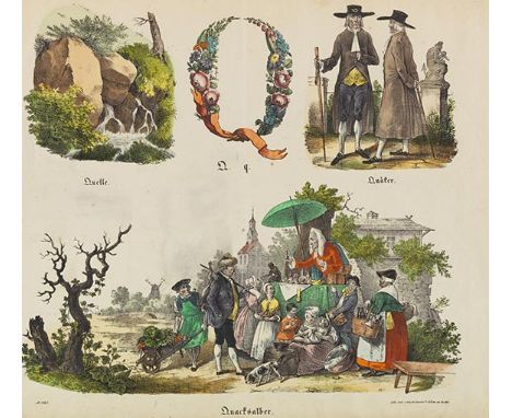 Theodor Hosemann     Bilderbogen Das allergrößte Bilder-ABC. Berlin, Winckelmann &amp; Söhne 1828.  - Die erste Illustrations