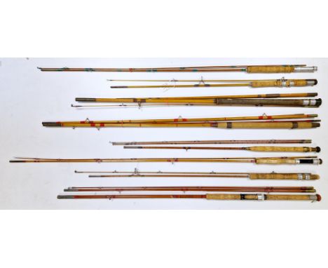 Four fishing rods in cloth rod bags including Foreshaws of Liverpool Palace Deluxe 2 piece rod, Milbro light 3 piece salmon f