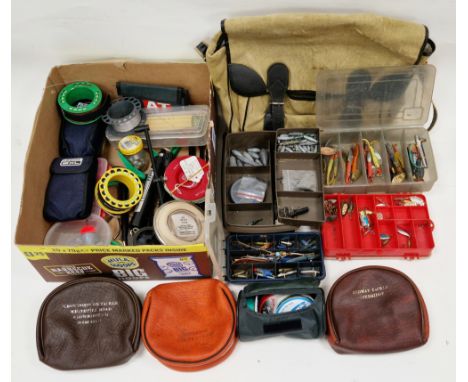 Collection of fishing equipment and accessories including boxes containing Devon minnows, other baits, hooks, weights, flylin