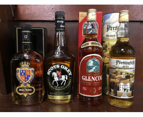 GLENCOE 8 YEARS OLD Blended Malt Scotch Whisky 750ml, 57% volume, in carton. PRESTONFIELD Blended Scotch Whisky 75cl, 43% vol