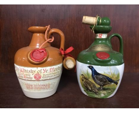 RUTHERFORDS 12 YEARS OLD Blended Scotch Whisky 26 2/3 fl.oz, 70° proof, ceramic flagon. YE MONKS 12 YEARS OLD Blended Scotch 