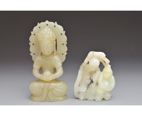 TWO CHINESE PALE CELADON JADE CARVINGS. To include a seated Buddha and a Shoulao figure with follower. 4.5cm - 7cm heights. (
