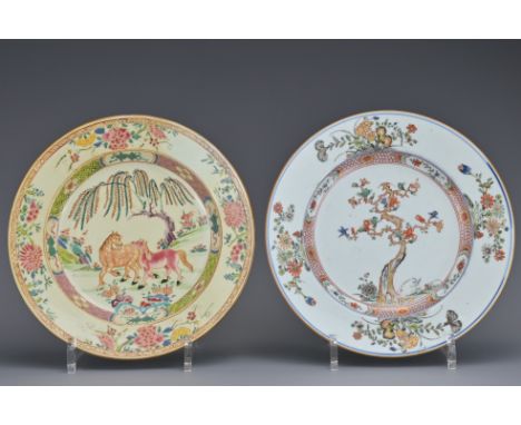 TWO CHINESE EXPORT PORCELAIN DISHES, 18TH CENTURY. One famille rose decorated with horses, Yongzheng period (1722-35). The ot