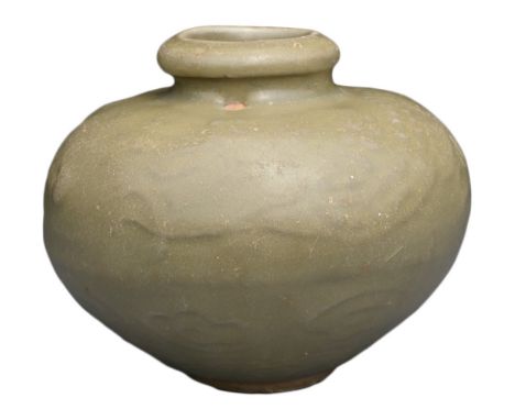 A CHINESE LONGQUAN CELADON JAR, 13TH CENTURY. The rounded globular body with moulded decoration of a dragon chasing pearl abo