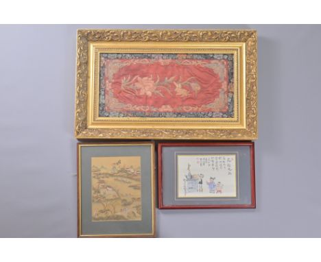 CHINESE FRAMED PAINTING AND EMBROIDERIES, 19/20TH CENTURY. To include a red ground silk embroidered panel of floral spray in 