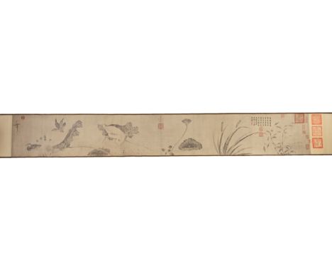 A CHINESE PRINT IN SCROLL, AUTUMN COLORS ON AN EMBANKMENT. By Emperor Hui Tsung. Together with paper describing the artwork i