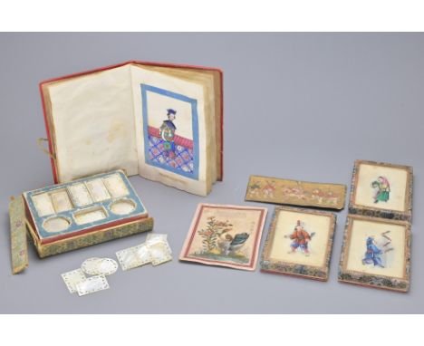 A COLLECTION OF CHINESE RICE PAPER PAINTINGS AND GAMES COUNTERS, 19TH CENTURY. To include a book of ten rice paper paintings 