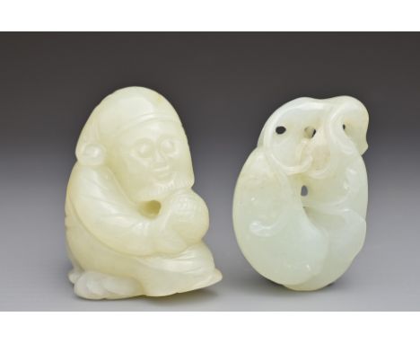 TWO CHINESE PALE CELADON JADE PENDANTS. To include a figure of a man sat with lion dog. Together with a melon group. Approx. 