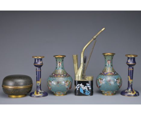 A GROUP OF CHINESE CLOISONNE ENAMEL ITEMS, 19/20TH CENTURY. To include a pair of bottle vases with dragon decoration, a pair 