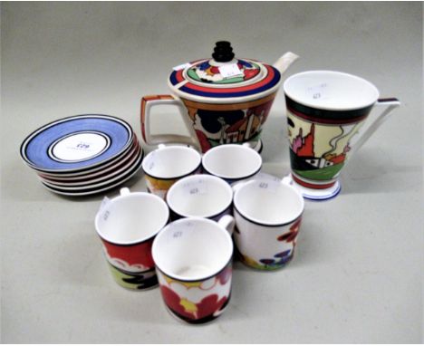 Set of six Wedgwood Clarice Cliff coffee cans with saucers, together with a similar Sadler teapot and mug 