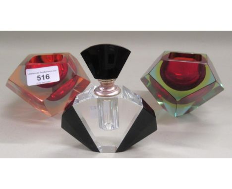 1960's Murano Flavio Poli Sommerso glass dish, another similar in different colourway and an Art Deco black and clear glass p