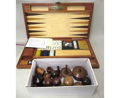 Modern cased game set of dominoes, cards with counters, small box of Treenware items and a modern doll 