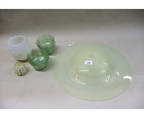 17in Vaseline glass plafonnier shade / bowl and a similar Vaseline glass vase, a smaller glass vase and six thin glass dishes