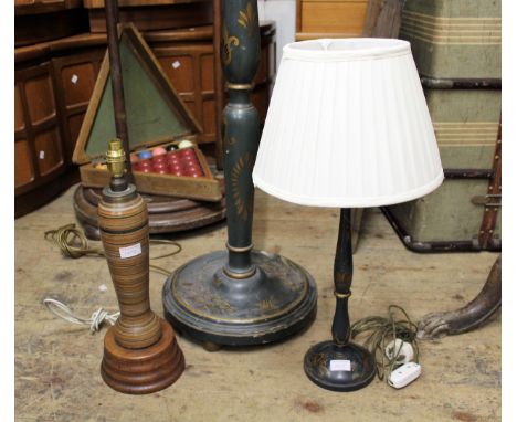 Blue chinoiserie lacquer standard lamp together with a matching table lamp and another table lamp 