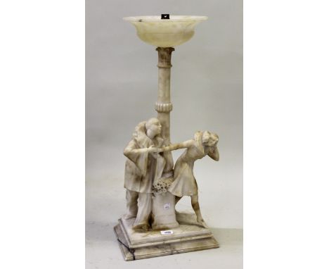 Early 20th Century carved alabaster table lamp,  with tulip carved column support with figures of Pierrot and Pierette at the