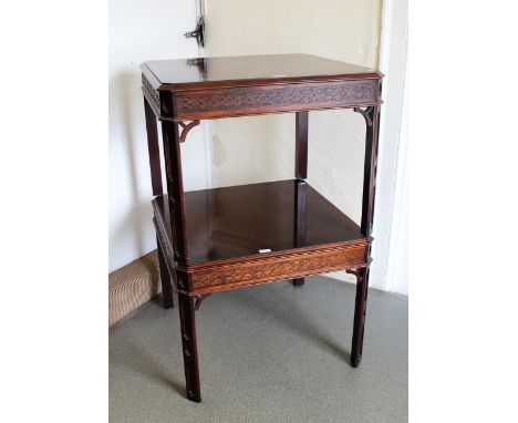 Pair of reproduction lamp tables in Chinese Chippendale style, together with a matching coffee table with glass inset top (gl