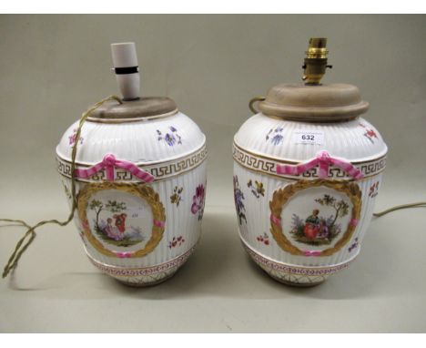 Pair of late 19th Century Continental porcelain oviform jars of ribbed design decorated with flowers and panels of figures (a