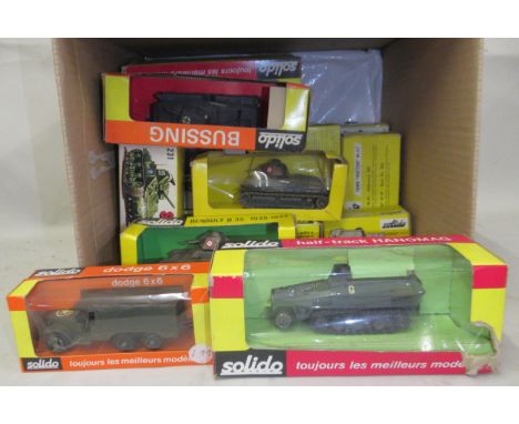 Box containing a collection of Solido American, German and other World War II military vehicles and tanks etc., in original b