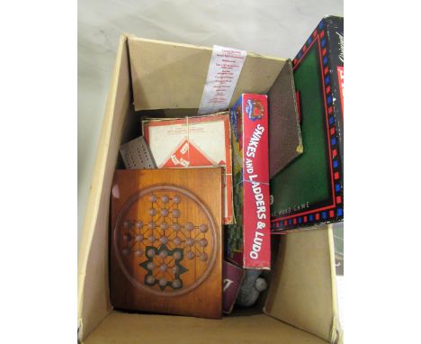Box containing a quantity of various children's games in original boxes, mahogany solitaire board, set of draughts, chess set