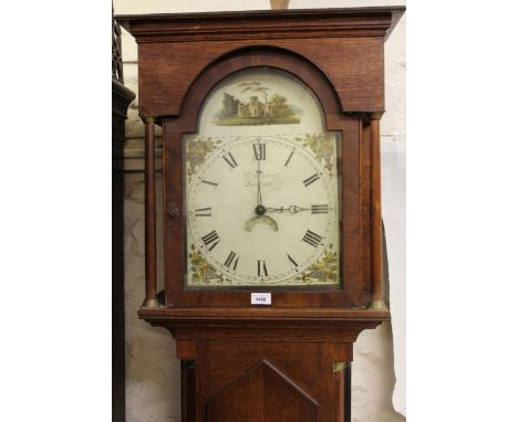 19th Century oak and mahogany longcase clock, the arched painted dial signed C. Dixon, Hexham, with subsidiary date aperture,