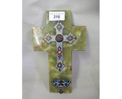 Late 19th / early 20th Century French gilt brass and champleve enamel decorated reliquary on onyx backing, 22cm high 