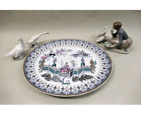 Two Lladro figures, together with a Nao figure and a Penang pattern meat plate 