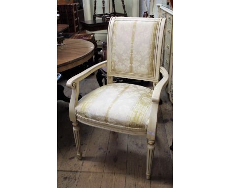 Modern Spanish style dining room suite comprising:  set of eight (six plus two) cream and gilt lacquered chairs, rectangular 