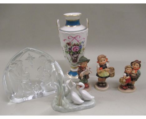 Minton ' Rose Basket ' vase together with a small quantity of Goebel Hummel figures, modern glass nativity sculpture and othe