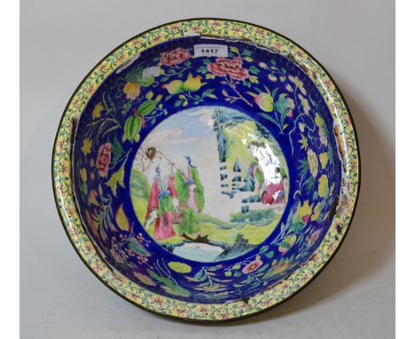 Large Chinese Canton enamel bowl, decorated with various flowers, fruit and figures in landscapes (at fault), 14cm high x 32c