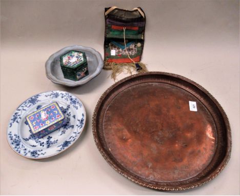 18th Century Chinese plate (at fault), glazed terracotta dish, two Canton enamel boxes, item of textile and a copper dishPlea