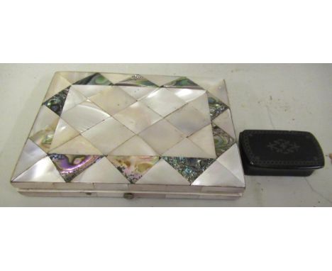 Mother of pearl and abalone shell visiting card case, and a small papier mache snuff box 
