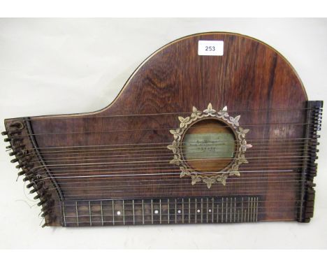 19th Century rosewood and line inlaid guitar zither by Georg Heidegger, 1858, with original labelSome damages as shown in pho