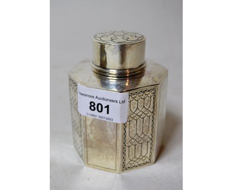 Liberty & Company, octagonal silver tea caddy with engraved decoration, Birmingham 1936, 9cms high, 4oz t, together with orig