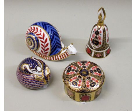 Royal Crown Derby circular Old Imari pattern trinket box and cover, similar bell and two paperweights 