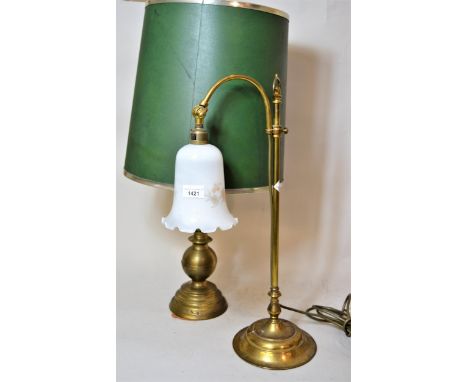Adjustable brass table lamp with glass shade, together with another brass table lamp 