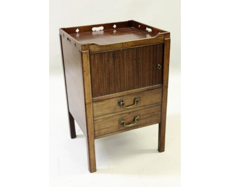 George III mahogany tray top commode, the tambour door above a pull-out base with brass swan neck handles and square cut cham