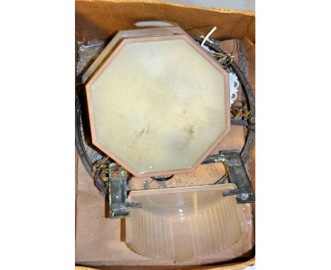 Art Deco brass and opaque glass octagonal ceiling light, 27cms diameter, together with a similar wall light and a metal rise 