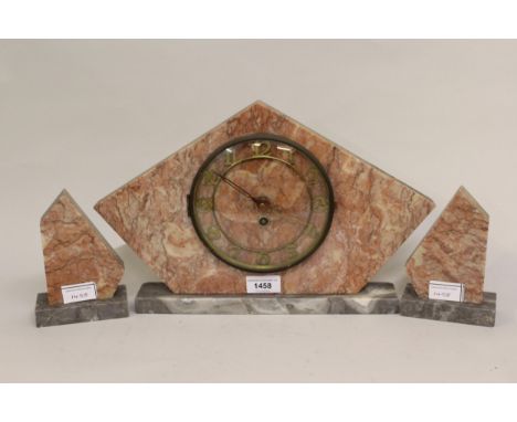 Art Deco marble three piece clock garniture, in pink and grey marble with Arabic numerals 