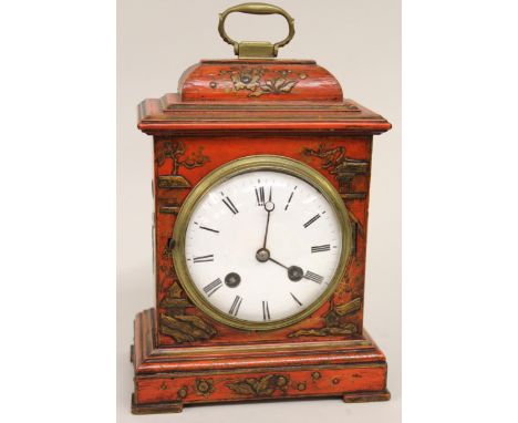 Early 20th Century chinoiserie and red lacquer cased bracket clock, having circular enamel dial with Roman numerals and two t